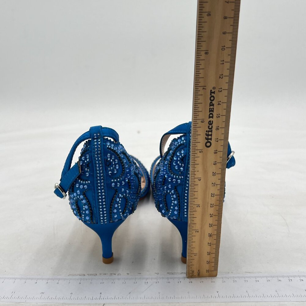 XYD Blue Chic Peep Toe D'Orsay Kitten Heel Rhinestone Studs Ankle Strap Sandals - Picture 5 of 8